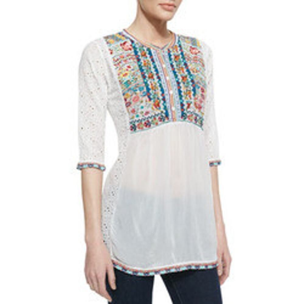 Johnny Was Eyelet Embroidered‎ Eyelet Georgette Blouse White Size Large